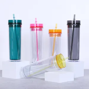 定制标志可回收透明透明16盎司塑料亚克力罐装杯，带pp盖和吸管，用于冰咖啡苏打水