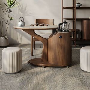 <b>Walnut</b> Wood Tea <b>Table</b> With Storage Movable Outdoor Tea Cart For Balcony Home Use - Product Image 3