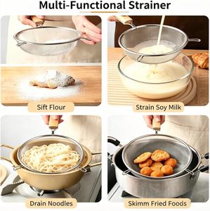 Passoire de cuisine en acier inoxydable avec poignée en bois, durable, réutilisable, écologique, pour filtrer les aliments frits et l'huile, avec support - Product Image 6