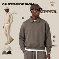 Pull-over col polo demi-zip en coton riche 320G pour homme, coupe ample, personnalisable avec logo et marque privée, disponible en quatre couleurs pour l'automne