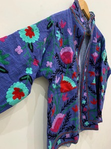 Bleu coton TNT Vintage Suzani hiver court avec bandes intérieures veste brodée TNT veste manteau Suzani vêtements d'extérieur pour femmes - Product Image 2