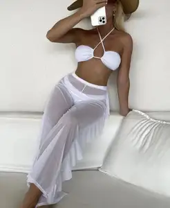 New Arrivals STOCK 2Colors Halter Neck Sexi Lady Bikini Swimwear 3Pieces Bathing Suits Sheer Mesh Pant