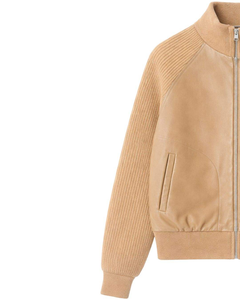 เสื้อแจ็คเก็ตหนังเทียมสีเบจคุณภาพแท้ แขนถัก ซิปหน้า สำหรับผู้ชาย คอริบ แต่งลำลอง สำหรับฤดูหนาว เสื้อคลุมแฟชั่นทันสมัย - Product Image 3