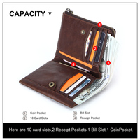 Portefeuille Vintage en Cuir Véritable Bifold pour Homme Contact's, Petit Portefeuille RFID avec Fente pour Cartes Intégrée et Porte-Monnaie Zippé