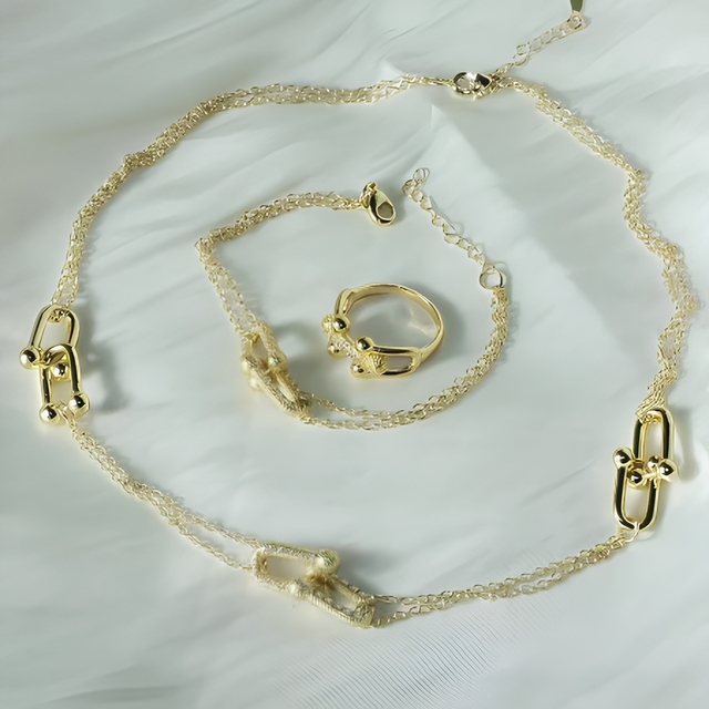 Wholesale Dainty Paperclip Link Lock Jewelry Set 14K Gold Plated Zircon Necklace Bracelet Ring 3 in 1 Ladies Fashion Jewelry