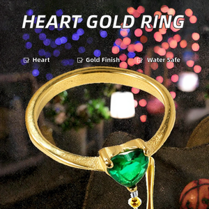 Vintage Trendy <b>Gold</b> Plated Emerald Cut Heart <b>Ring</b> with Oval Green Stone Prong <b>Set</b> for Women Engagement Wedding - Product Image 2