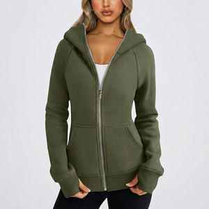 Sudadera con Capucha y Cierre Completo para Mujer, Corte Regular, Color Sólido, Tejido de Algodón y Fibra de Bambú, Ropa de Otoño - Product Image 1
