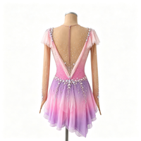 Robe de patinage artistique à col en V dégradé rose et violet, avec volants, dos profond en V, ornée de strass, pour filles et femmes