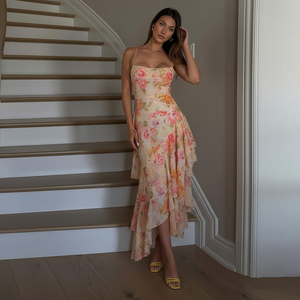 Women's Floral Print Ruffle Hem Asymmetrical Midi Dress <b>Spaghetti</b> <b>Strap</b> Backless Tie-Up Summer Vacation Dress 2026 - Product Image 5