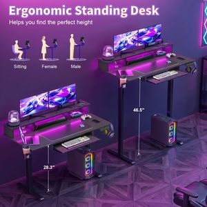 Bureau de jeu électrique SENYU à hauteur réglable avec éclairage LED, prises de courant et support d'écran flottant – Bureau informatique assis-debout - Product Image 6