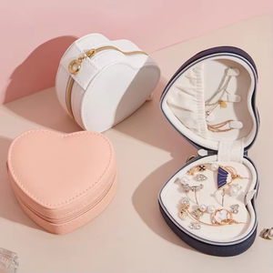 Portable Heart Shaped PU Leather Jewelry <b>Box</b> Zippered Travel Organizer with Velvet Lining for Rings Earrings Necklaces - Product Image 4