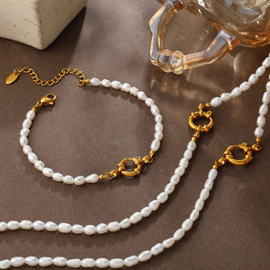 Waterproof Fine Luxury Non Tarnished 14K 18K Pvd Gold Plated Necklace <b>Bracelet</b> Pearl 316L Stainless Steel Jewelry <b>Sets</b> For Women - Product Image 2