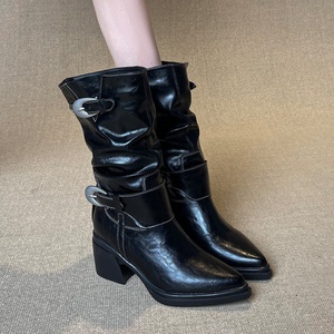 Botas de media pantorrilla estilo western con punta puntiaguda, caña fruncida, correas de doble hebilla y tacón de bloque, calzado casual para mujer, estilo urbano - Product Image 1