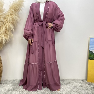 Latest Chiffon Abaya Lace up Cuff Gorgeously White Pearls <b>Cardigan</b> Muslim Women Kaftan Fashion Open Abaya 1964# - Product Image 4