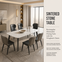 Ensemble de table à manger contemporaine en pierre frittée brillante pour 6 personnes avec bord carré bombé, meubles de salle à manger pour maison, villa, hôtel
