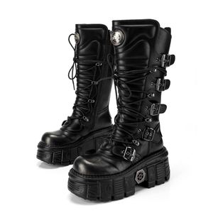 Botas de media pantorrilla para mujer, negras y plateadas, con efecto desgastado, estilo gótico punk metálico, con suela gruesa y cordones - Diseño estético de nicho - Product Image 4