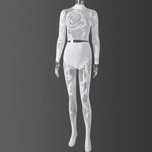 Zzhe potongan renda mawar tembus pandang atasan Crop jaring dan celana kasual pesta klub pakaian seksi wanita 2 potong Set Streetwear - Product Image 6