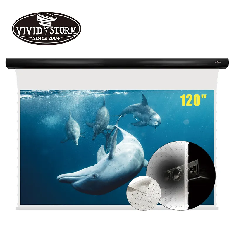 VIVIDSTORM 120 inç elektrik Tab gerilmiş aşağı çekin projeksiyon perdesi ile akustik PVC beyaz sinema malzemesi projektör için