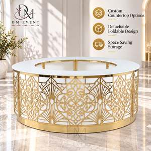 Comptoir de bar rond pliable sur mesure en acier inoxydable doré et noir, orné de motifs, avec plateau en verre trempé amovible - Product Image 1