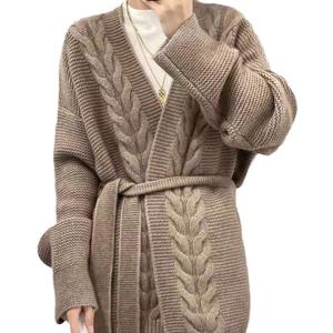 Suéter de lana 100% grueso de siete agujas para <span class=keywords><strong>mujer</strong></span>, personalizado, informal, antiarrugas, de longitud media, sin botones, holgado y de punto largo. - Product Image 3