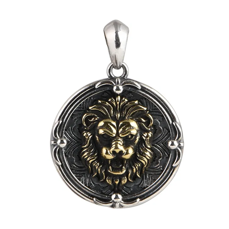 Authentic S925 Sterling Silver Jewelry Retro Hip Hop Gold Bronze Lion Round Pendant for Men and Women