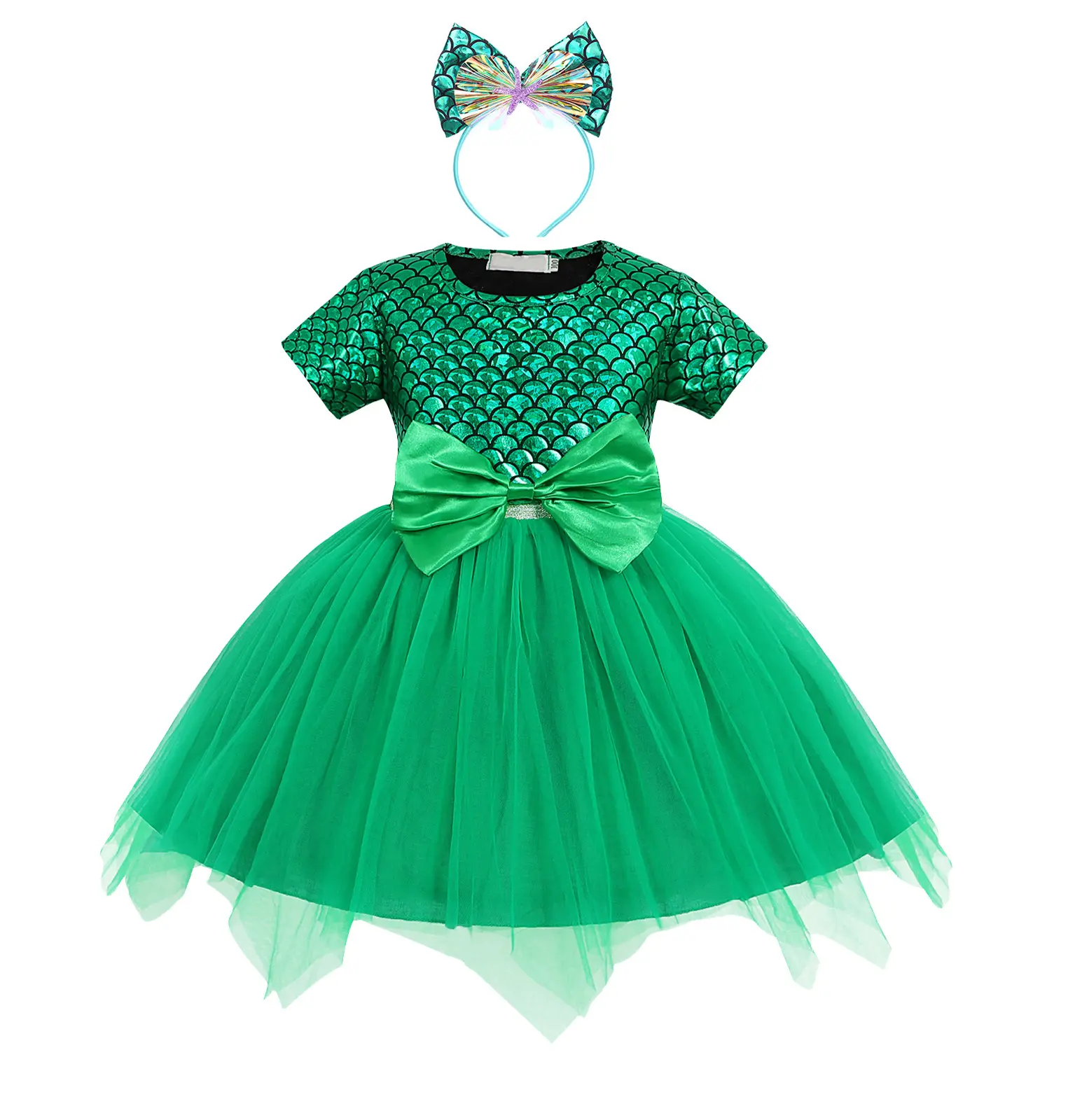 Gaun Pita Putri Duyung Hijau untuk Anak Perempuan, Gaun Pesta Mewah Desain Rok Tulle Bunga untuk Anak Perempuan