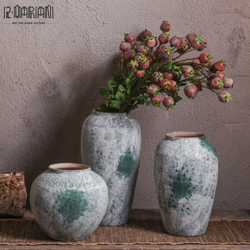 Handmade Pottery Antique Rustic Farmhouse Porcelain Flower Vase Vintage Large Ceramic Terracotta Retro Floor Vase for Home Decor