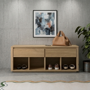 <span class=keywords><strong>Banc</strong></span> de rangement pliable en chêne clair moderne avec 8 compartiments ouverts et 2 tiroirs, organisateur autoportant pour <span class=keywords><strong>chaussures</strong></span> et petits objets dans l'entrée - Product Image 1