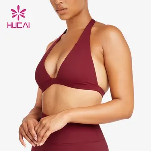 HUCAI Custom Nylon Spandex vermelho personalizado Gym Workout aberto costas sem encosto strappy halter V pescoço sexy yoga sutiã esportivo para as mulheres