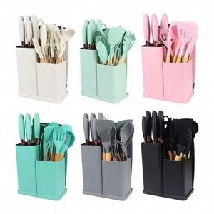 19 Pcs Silicone <b>Kitchen</b> Utensil Set With Wooden Handle Cooking <b>Tools</b> Knife Cuttings Board Storage Bucket <b>Kitchen</b> <b>Gadgets</b> Set - Product Image 3