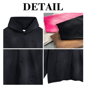 Sudadera con capucha KingSen para hombre, oversize, de algodón lavado, con hombros caídos, efecto desgastado y agujeros, estilo streetwear. - Product Image 6