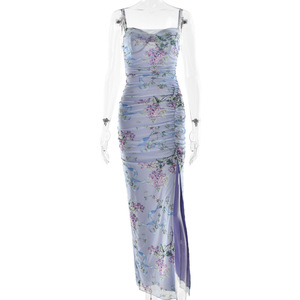 Robe de soirée longue à imprimé floral, col carré, sans manches, fente haute, jupe longue, design respirant et dos nu - Product Image 5