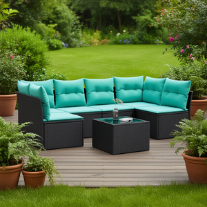 Ensemble de canapés de patio en polyrotin avec coussins, mobilier de jardin extérieur noir, design contemporain, canapé sectionnel 7 pièces - Product Image 2