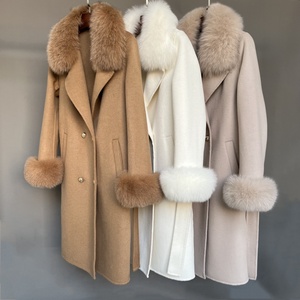 เสื้อโค้ทแคชเมียร์แฟชั่นฤดูหนาวสำหรับผู้หญิง แต่งปกขนสุนัขจิ้งจอกแท้ เสื้อโค้ทขนสัตว์ผสมขนแคชเมียร์ พร้อมเข็มขัดสำหรับผู้หญิง - Product Image 1