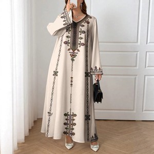 <span class=keywords><strong>Robe</strong></span> <span class=keywords><strong>longue</strong></span> élégante à col en V imprimé, style vintage européen et américain, coupe ample, style ethnique, à manches longues, une pièce - Product Image 5