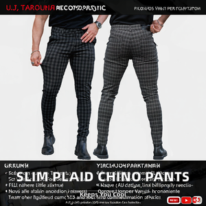 Pantalon Chino Homme Léger à Taille Mi-Haute, Coupe Droite, Boutons Décoratifs, Fermeture Éclair, Motif Écossais, Style Urbain Décontracté et Habillé, Coupe Skinny Slim - Product Image 2