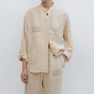Vendita diretta in fabbrica camicia <span class=keywords><strong>Oversize</strong></span> da donna in misto lino e pantaloni larghi a vita alta set di due pezzi 100% abito di lino in cotone - Product Image 2