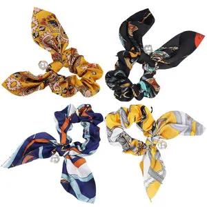 Chouchou avec oreilles de lapin pour femmes, 2 pièces, chouchou, nœud papillon en perles, porte-queue de cheval, accessoires élastiques pour cheveux
