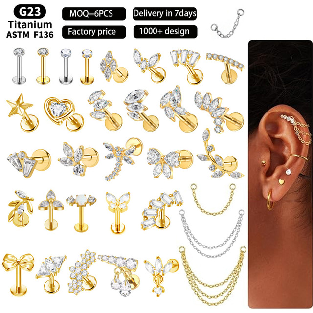 Gaby Astm F136 Implant-grade De Titanio Chain Flatback Labret Nose Belly Ring Helix Cartilage Earring Titanium Piercing Jewelry