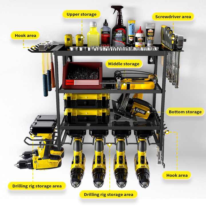Raft pentru scule de garaj, cu montare pe perete, cu 4 straturi, plutitor, metal, fara fir, pentru unelte grele, organizator pentru scule electrice