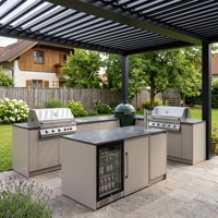 Ensemble de meubles de cuisine extérieure en acier inoxydable en forme de U, sur mesure, avec double barbecue à gaz, évier et réfrigérateur pour patios personnalisés