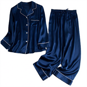Ensemble de pyjama en soie unie personnalisé pour femme, vêtements de détente, vente en gros, vêtements de nuit tricotés, deux pièces, confortables et doux - Product Image 1
