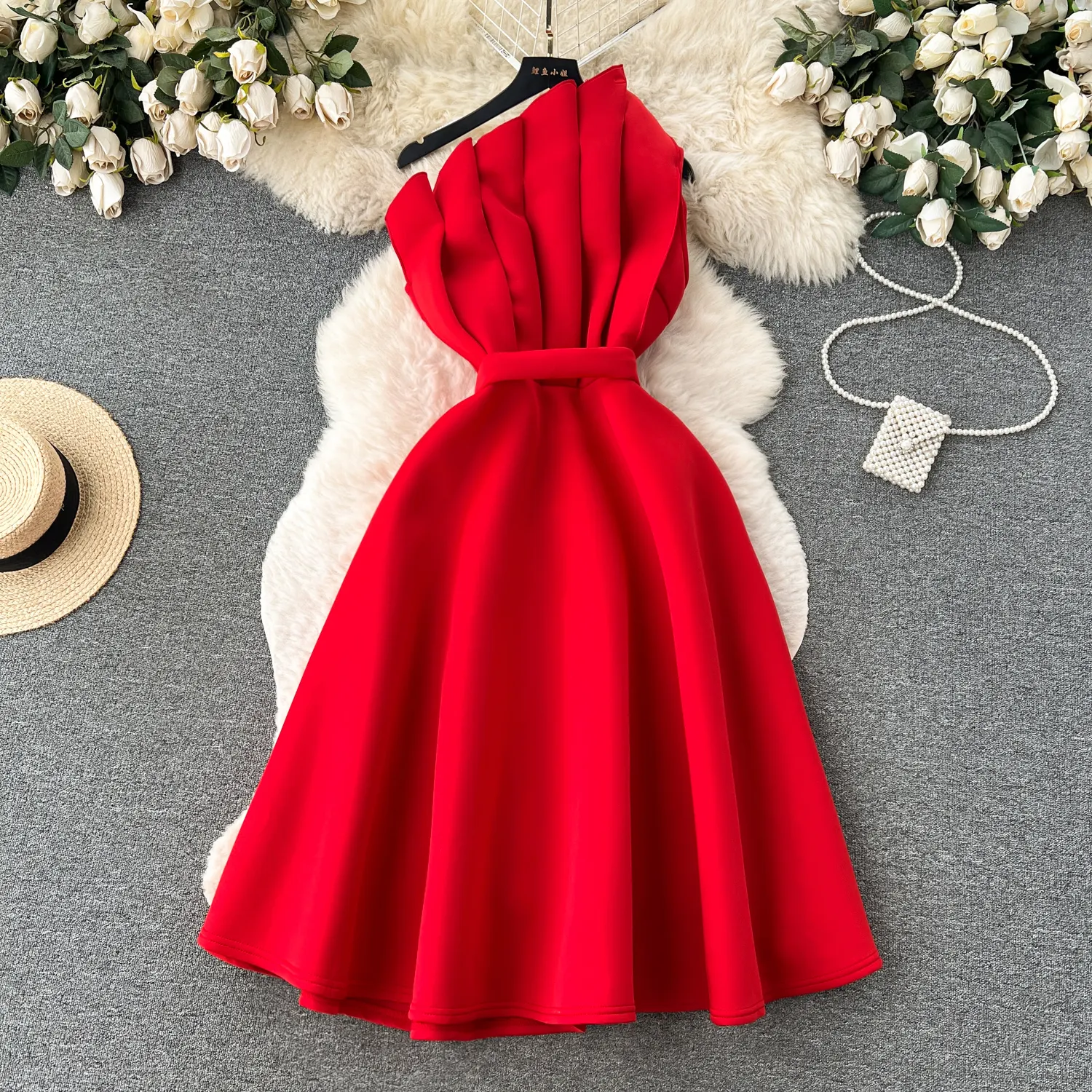 Plus Size High Quality Vintage Slim Midi Dress For Women Strapless Sleeveless Empire 3D Lace Vestidos Ladies Elegant Dresses