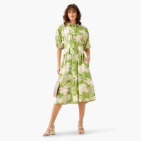 Robe chemise plissée mi-longue pour femme 100 % viscose à imprimé floral, respirante, lavable, à manches courtes bouffantes et col, coupe trapèze, printemps-été
