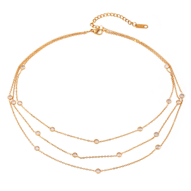 Triple Layered Stainless Steel Necklace 18k Gold Plated Dainty Crystal Necklace Waterproof Zircon Necklace Choker