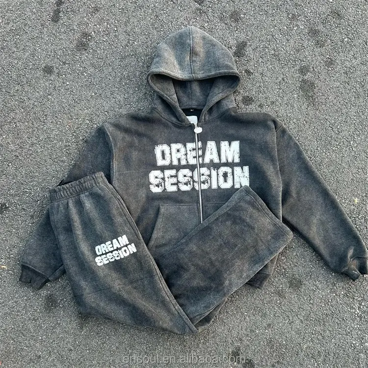 Streetwear asam dicuci pakaian olahraga ritsleting setelan olahraga asam Set asam cuci tertekan LOGO menyala celana olahraga dan Set Hoodie