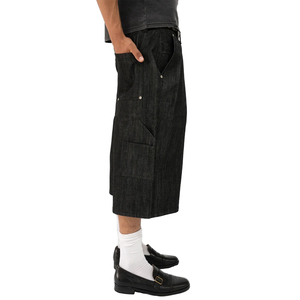 Shorts en jean capri plissés sur le devant pour hommes, style streetwear, coupe ample, 100 % coton épais, denim brut noir - Product Image 4