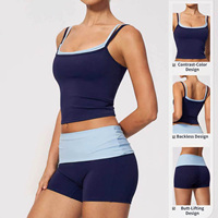 Maßgeschneiderte Damen Ärmellose Elastische 3-Teilige Yoga-Sets Farbblockierung Hohe Taille Bauchkontrolle Atmungsaktiv Schnelltrocknend Fitness-Sets