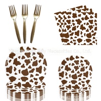 Nouveau Kit de Fête Thème Ferme et Vaches de Dessin Animé, Noir, Blanc et Doré, Qualité Alimentaire, 116 Pièces : Assiettes en Carton, Nappe et Guirlande de Drapeaux Triangulaires