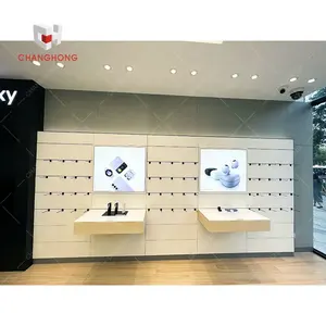 wood wall mounted display shelf for mobile phone shop accessories cell phone accessory display slat wall with light box